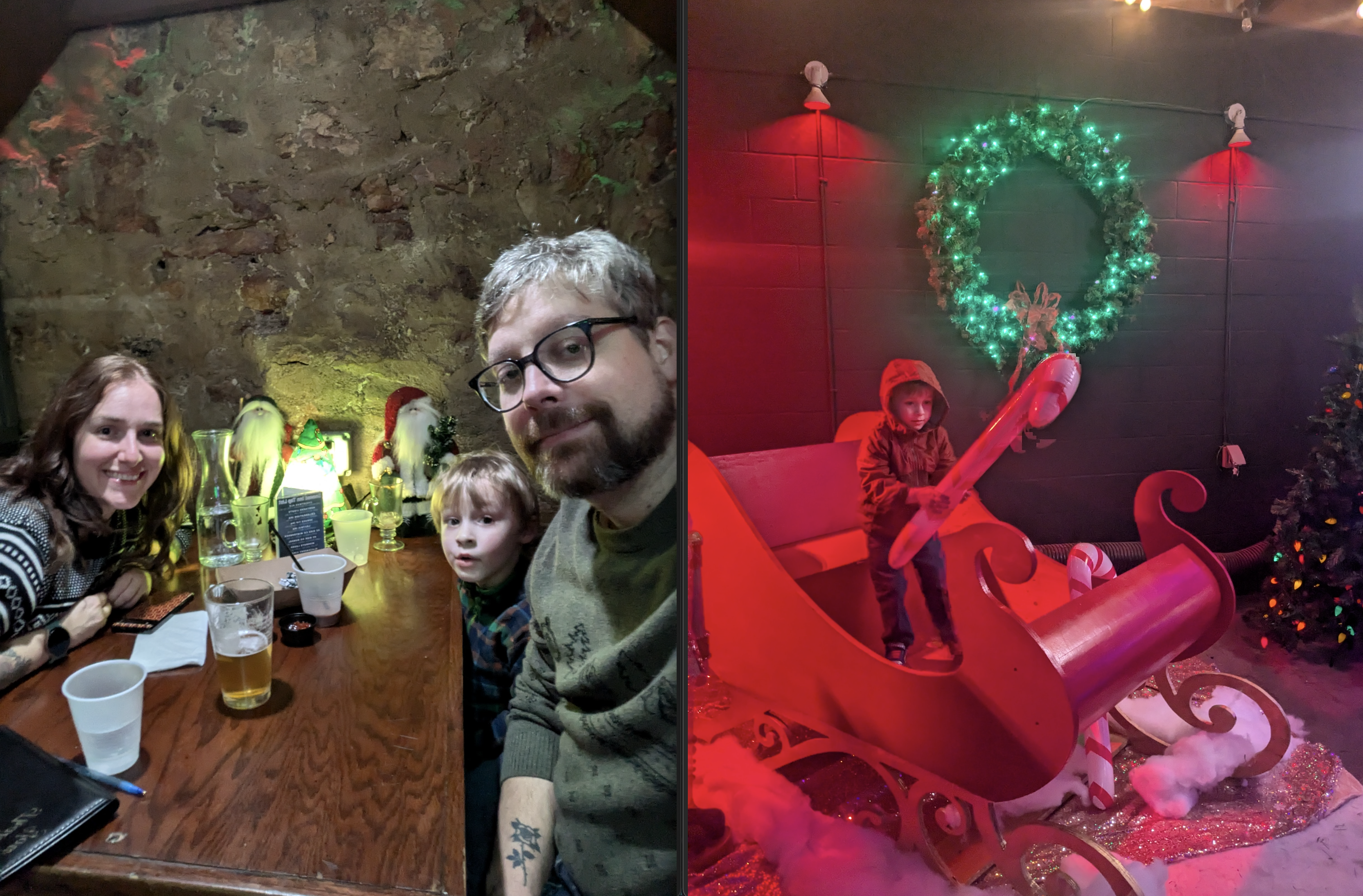 Another nice thing about Snowed Inn was their booths were really cozy and they sheilded us from the giant scary skeleton Santa. I'm not joking, Owen was terrified of it.